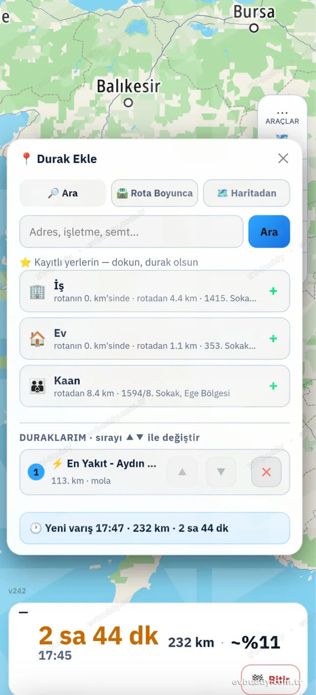 Sürüş sürerken durak ekleme ekranı