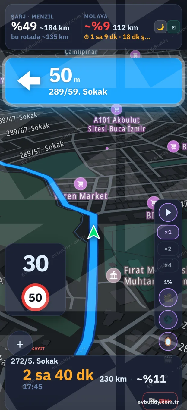 Aynı navigasyon ekranının gece hâli