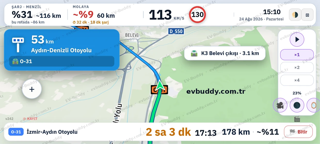 EV-Buddy Pro navigasyon ekranı — Aydın-Denizli otoyolu, gündüz modu