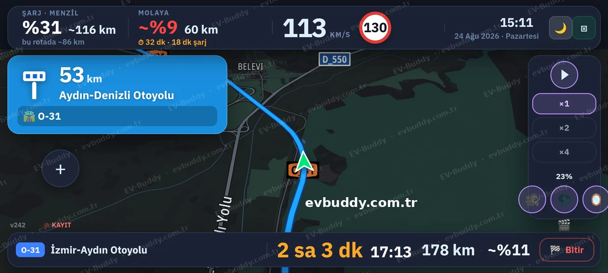 EV-Buddy Pro navigasyon ekranı — Aydın-Denizli otoyolu, gece modu