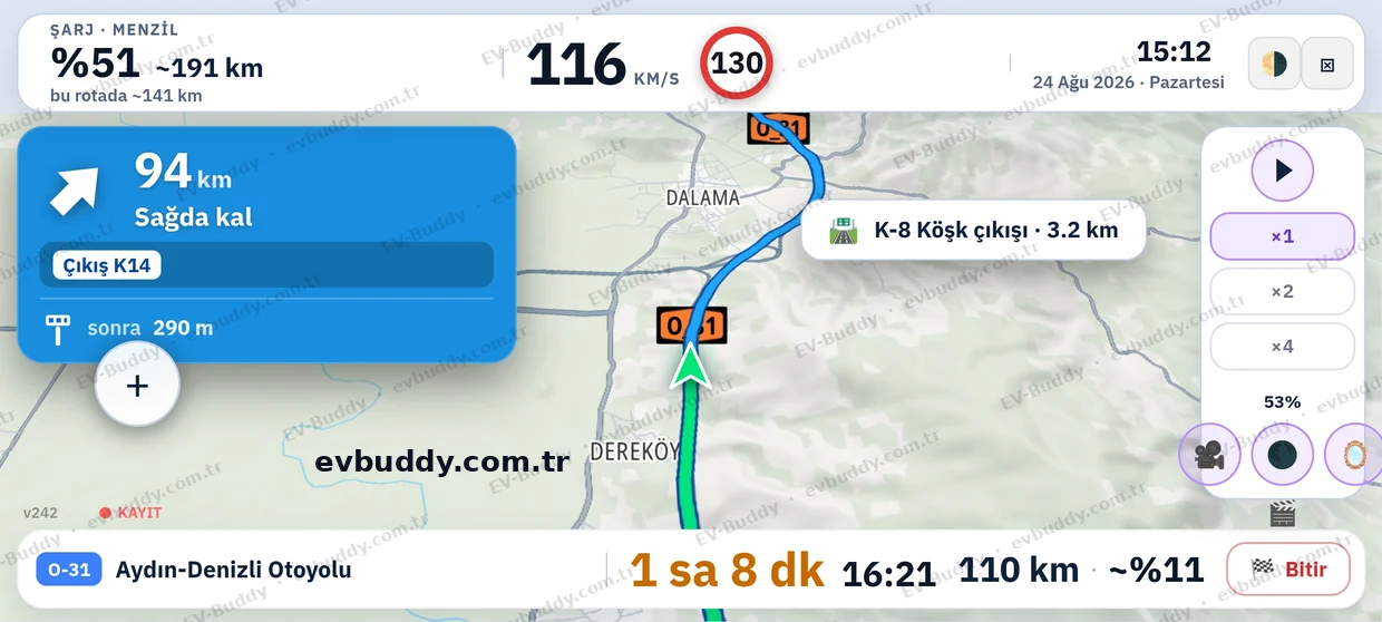 Çıkışa 94 km kala navigasyon, gündüz
